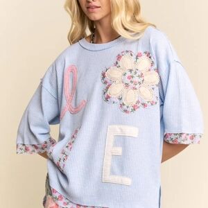 DAVI & DANI Light Blue Floral Patchwork Top